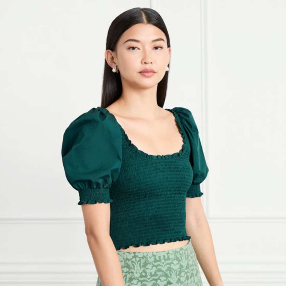 Hill House NWT Aiko Puff Sleeve Crop Top in Botanical Garden Green